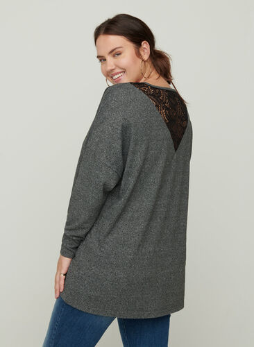 Melierte Bluse mit Spitze am Rücken, Dark Grey Melange, Model image number 1