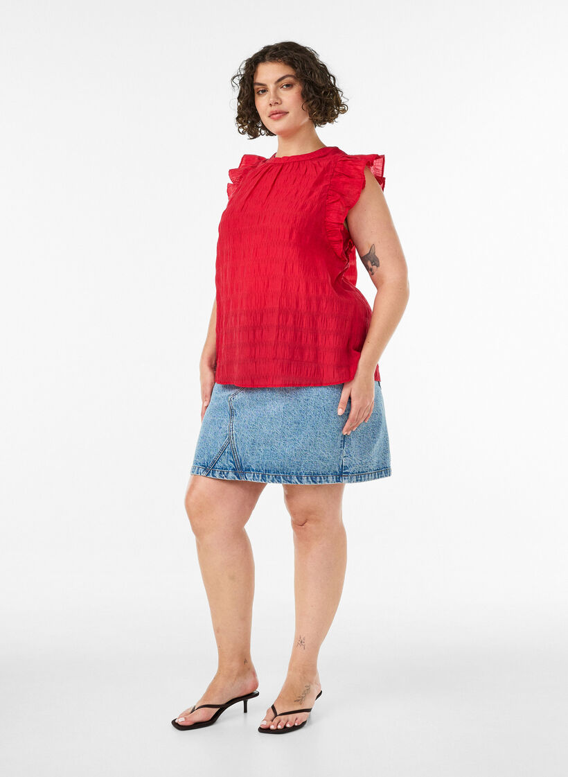 &Auml;rmellose Bluse mit Struktur und R&uuml;schen, Rot, Model image number 1