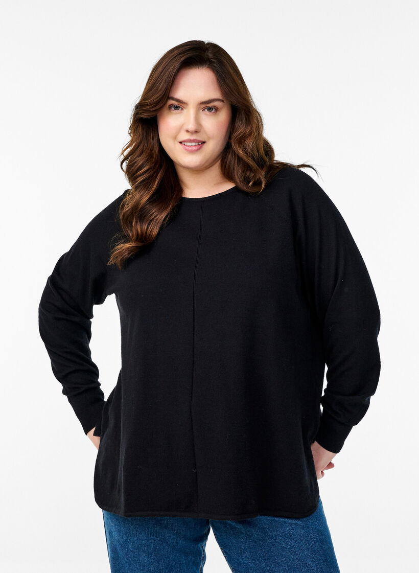 Strickbluse mit Rundhalsausschnitt und Strickmuster, Schwarz, Model image number 0