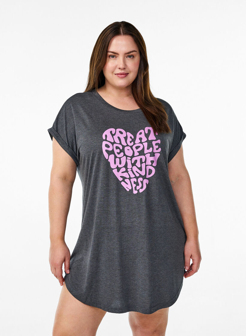 Kurz&auml;rmliges Nachthemd mit Textdruck, Schwarz, Model image number 0