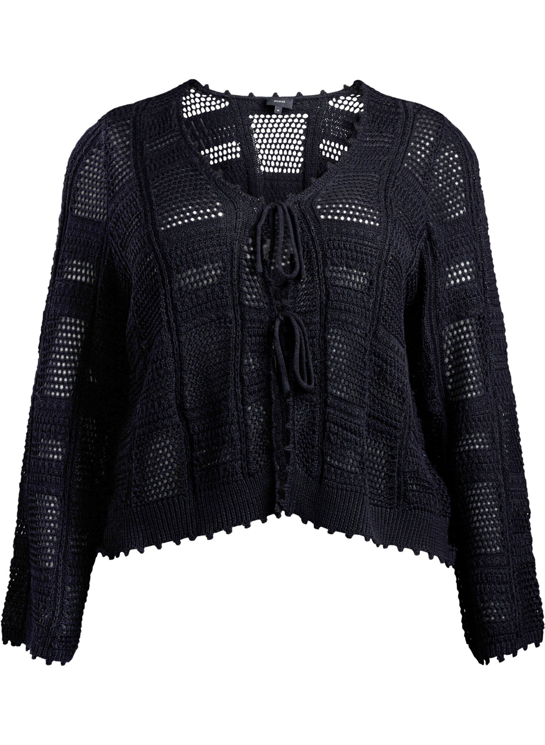 Zizzi Strickjacke mit Bindeb&auml;ndern und Lochmuster, Schwarz, Packshot image number 0