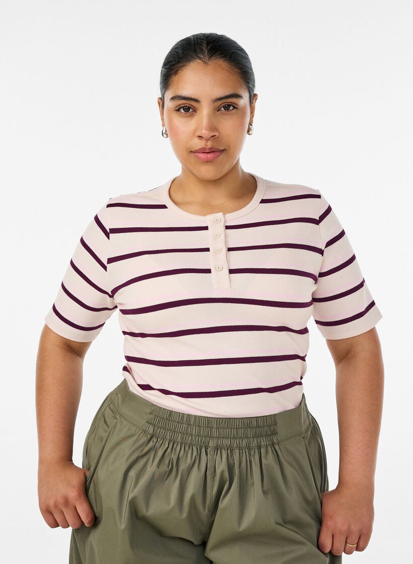 Ripp-T-Shirt mit Streifen und Knopfdetail, Lila, Model image number 0