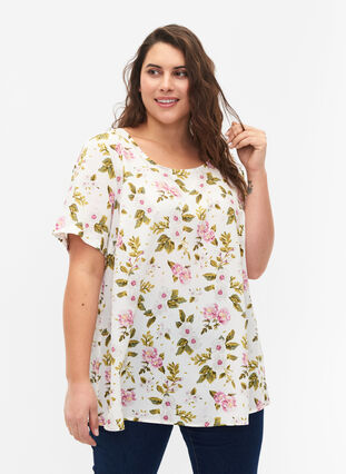 FLASH – Kurzärmelige Bluse mit Print, Off White Flower, Model image number 0