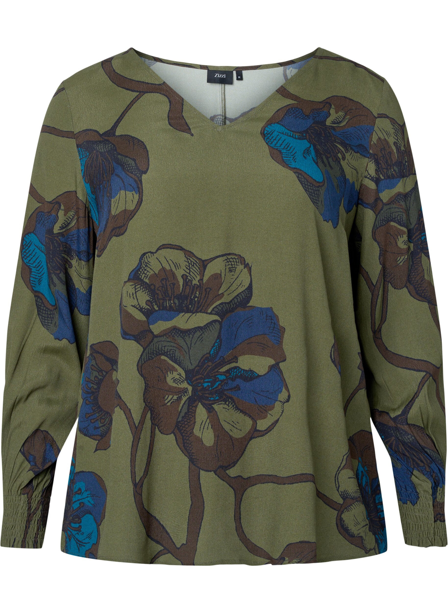 Zizzi Lang&auml;rmlige Viskosebluse mit Blumendruck	, Green Big Flower, Packshot image number 0