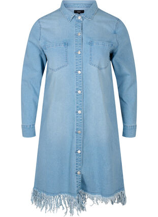 Jeanskleid mit Fransen und Knopfverschluss, Light blue denim, Packshot image number 0