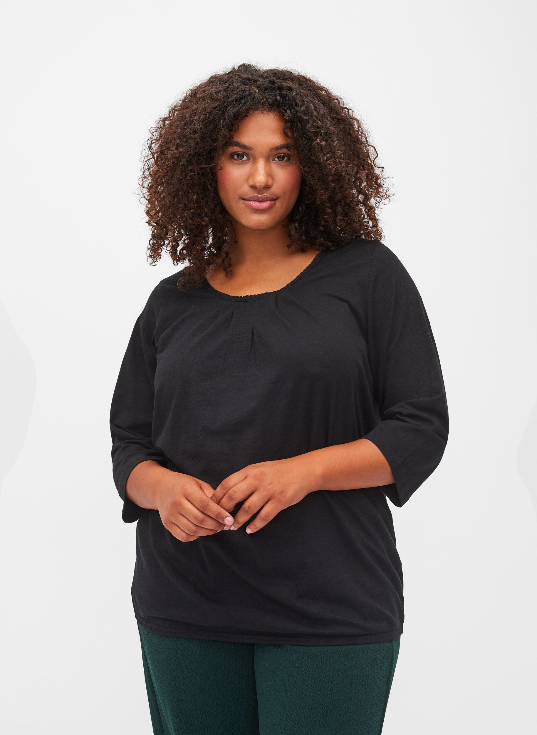 Zizzi Baumwollbluse mit 3/4 &Auml;rmeln, Black, Model image number 0