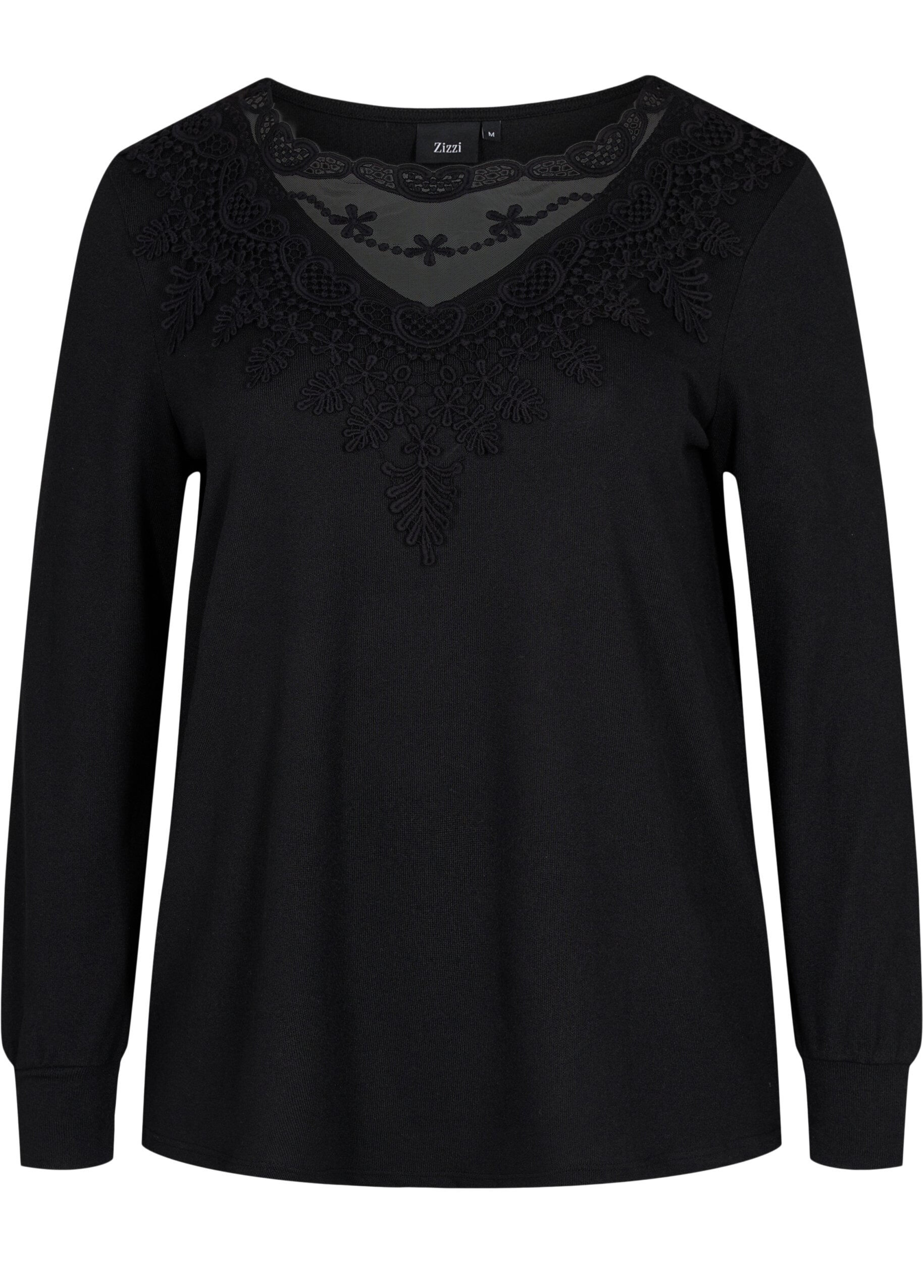Zizzi Lang&auml;rmelige Bluse mit Spitzendetails, Black, Packshot image number 0