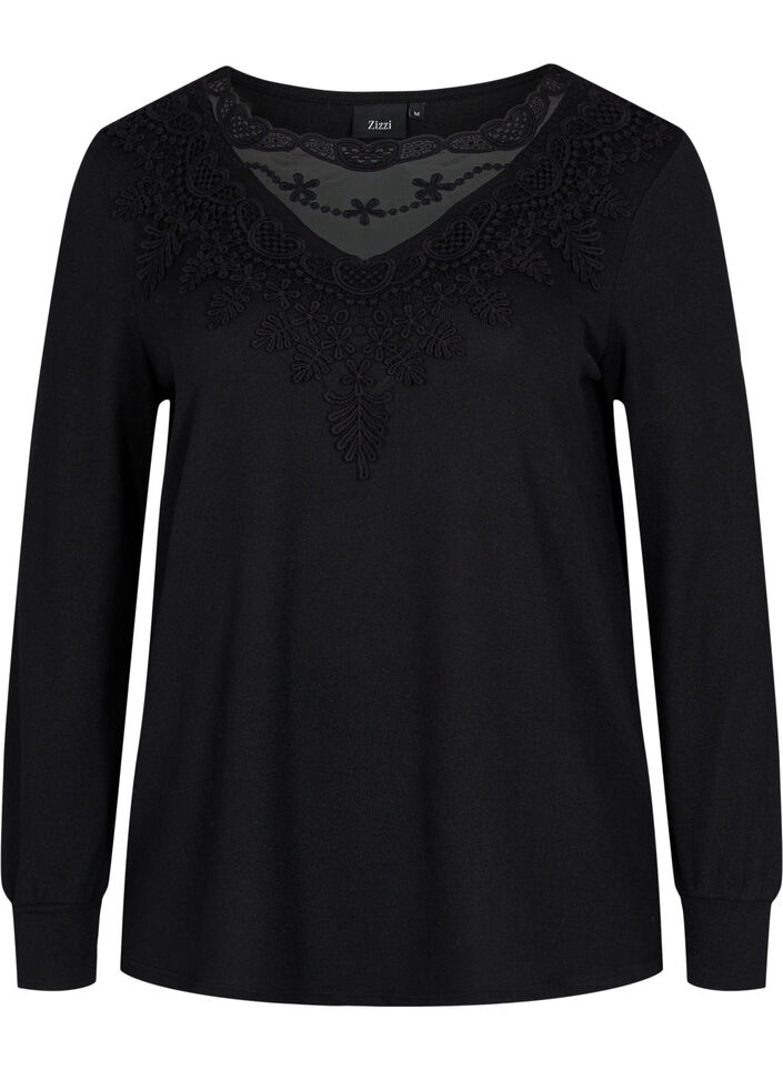 Langärmelige Bluse mit Spitzendetails, Black, Packshot image number 0