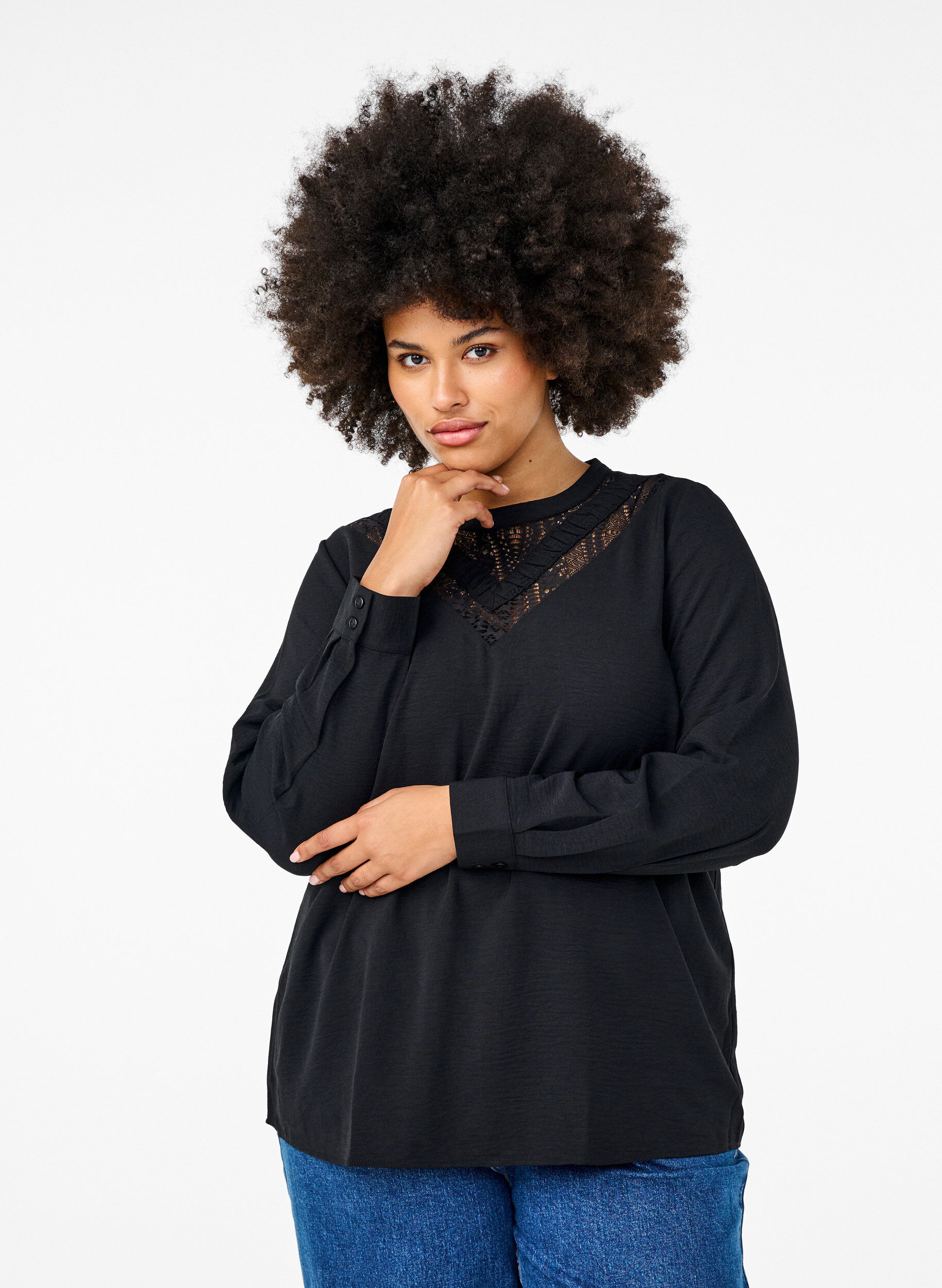 Zizzi Bluse mit Spitzendetail, Black, Model image number 0