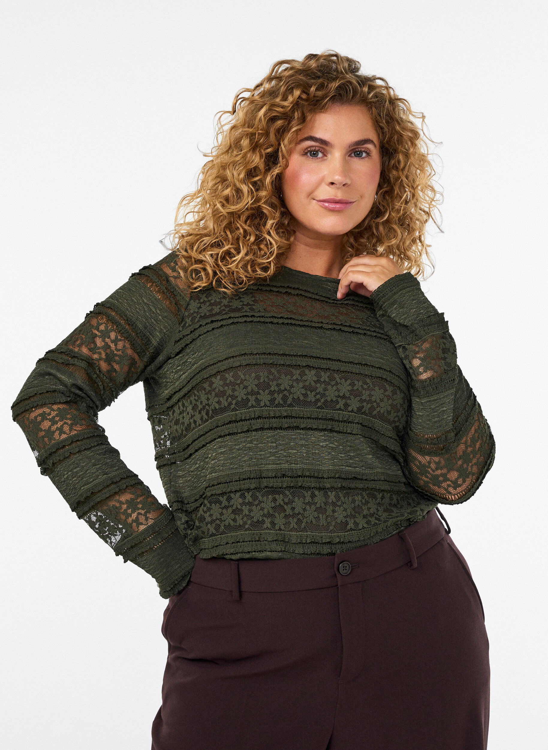 ZizziBluse aus Spitze mit langen &Auml;rmeln, Gr&uuml;n, Model image number 0