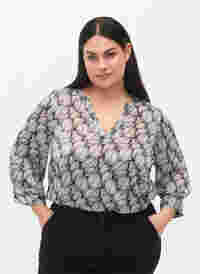 Bluse mit Print und 3/4-Ärmeln, Black White Leaf, Model