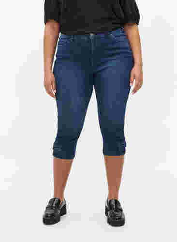 Lange Denim Shorts aus Baumwolle, Dark blue denim, Model image number 2