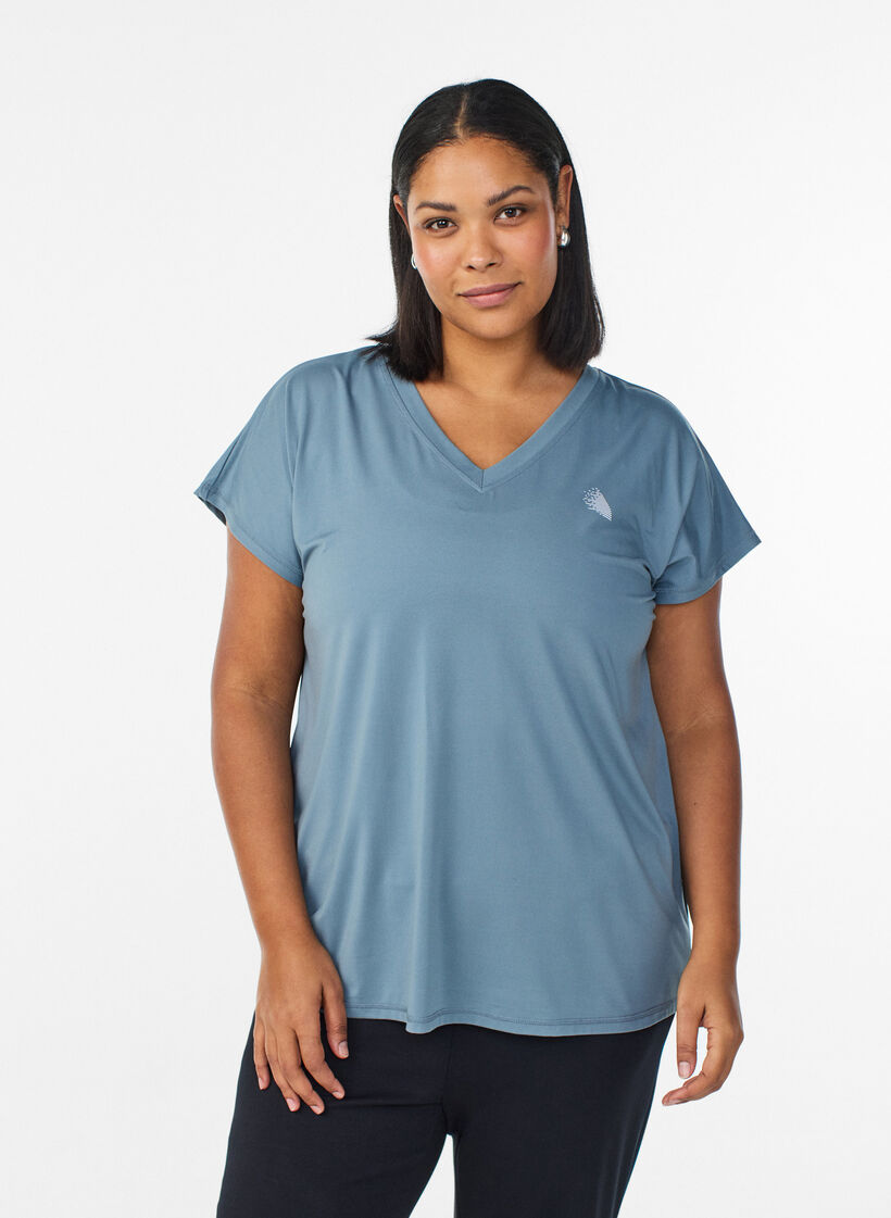 Lockeres Trainings-T-Shirt mit V-Ausschnitt, Grau, Model image number 0