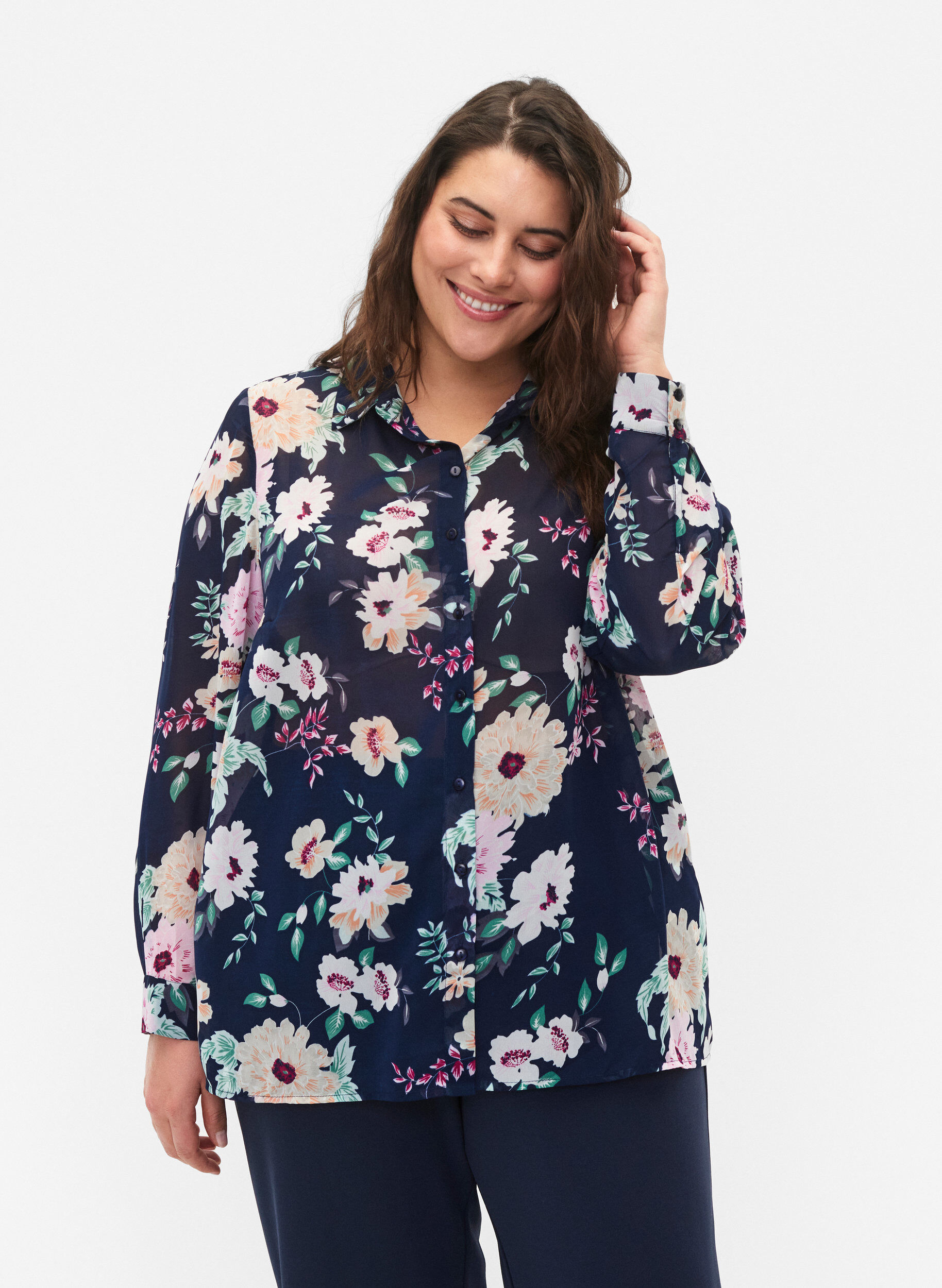 Zizzi FLASH - Lang&auml;rmeliges Hemd mit Blumenprint, Navy Flower, Model image number 0