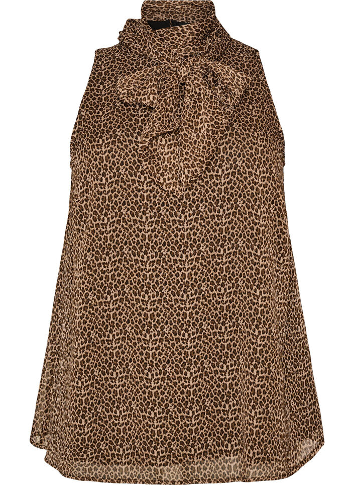 &Auml;rmellose, hochgeschlossene Bluse mit Schleife, Braun, Packshot image number 0