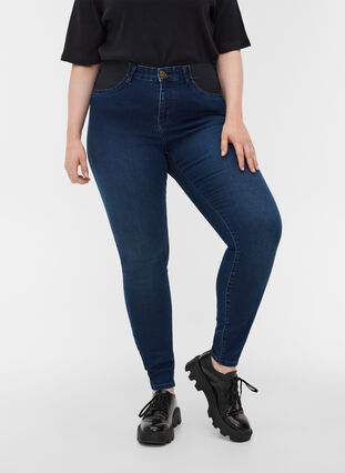 Super slim Amy Jeans mit Gummizug in der Taille, Dark blue denim, Model image number 3
