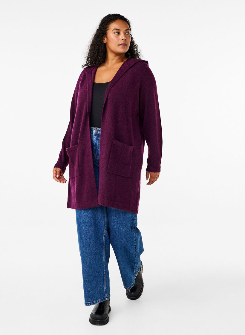 Langer Strickcardigan aus Wolle mit Kapuze, Potent Purple Mel., Model image number 2