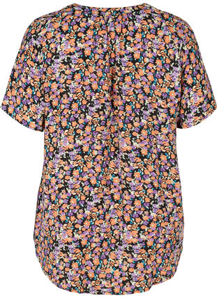 Bluse mit kurzen Ärmeln und V-Ausschnitt, Black Flower AOP, Packshot image number 1