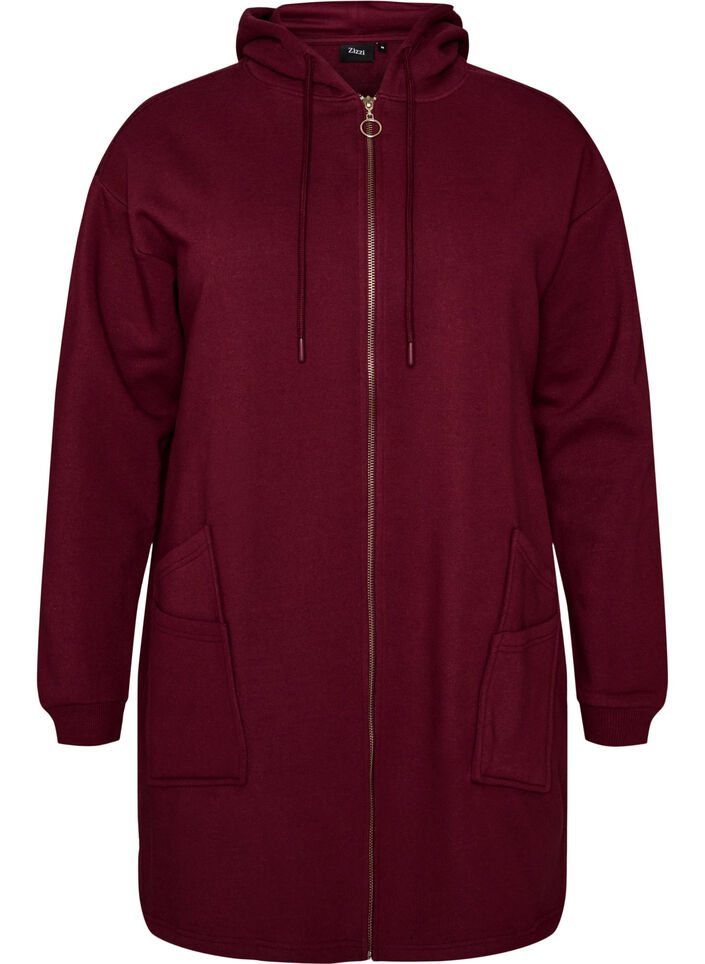 Langer Cardigan mit Kapuze und Rei&szlig;verschluss, Rot, Packshot image number 0