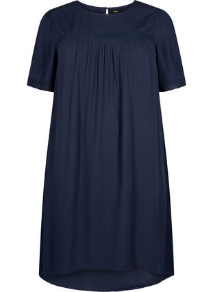 Viskose-Kleid mit Spitzenband, Navy, Packshot image number 0