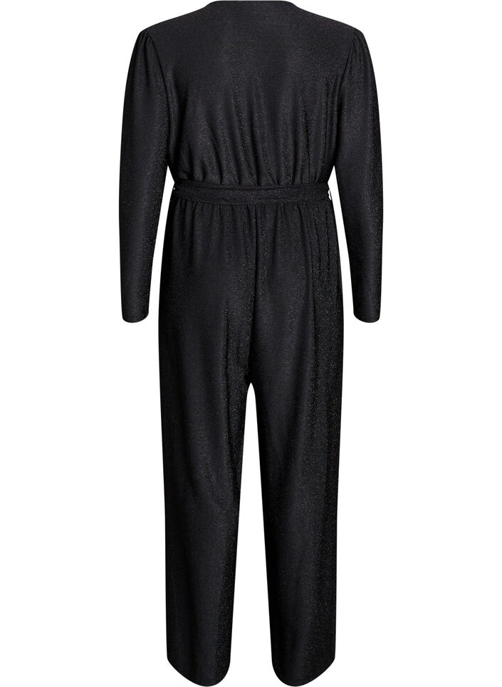 Jumpsuit mit Glitzer und Bindegürtel, Schwarz, Packshot image number 1