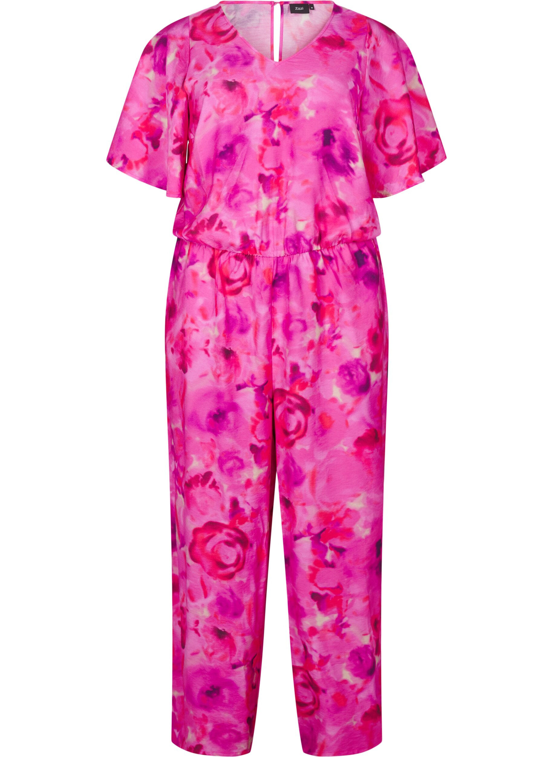 Zizzi Gebl&uuml;mter Jumpsuit mit Fledermaus&auml;rmeln, Pink Rose AOP, Packshot image number 0