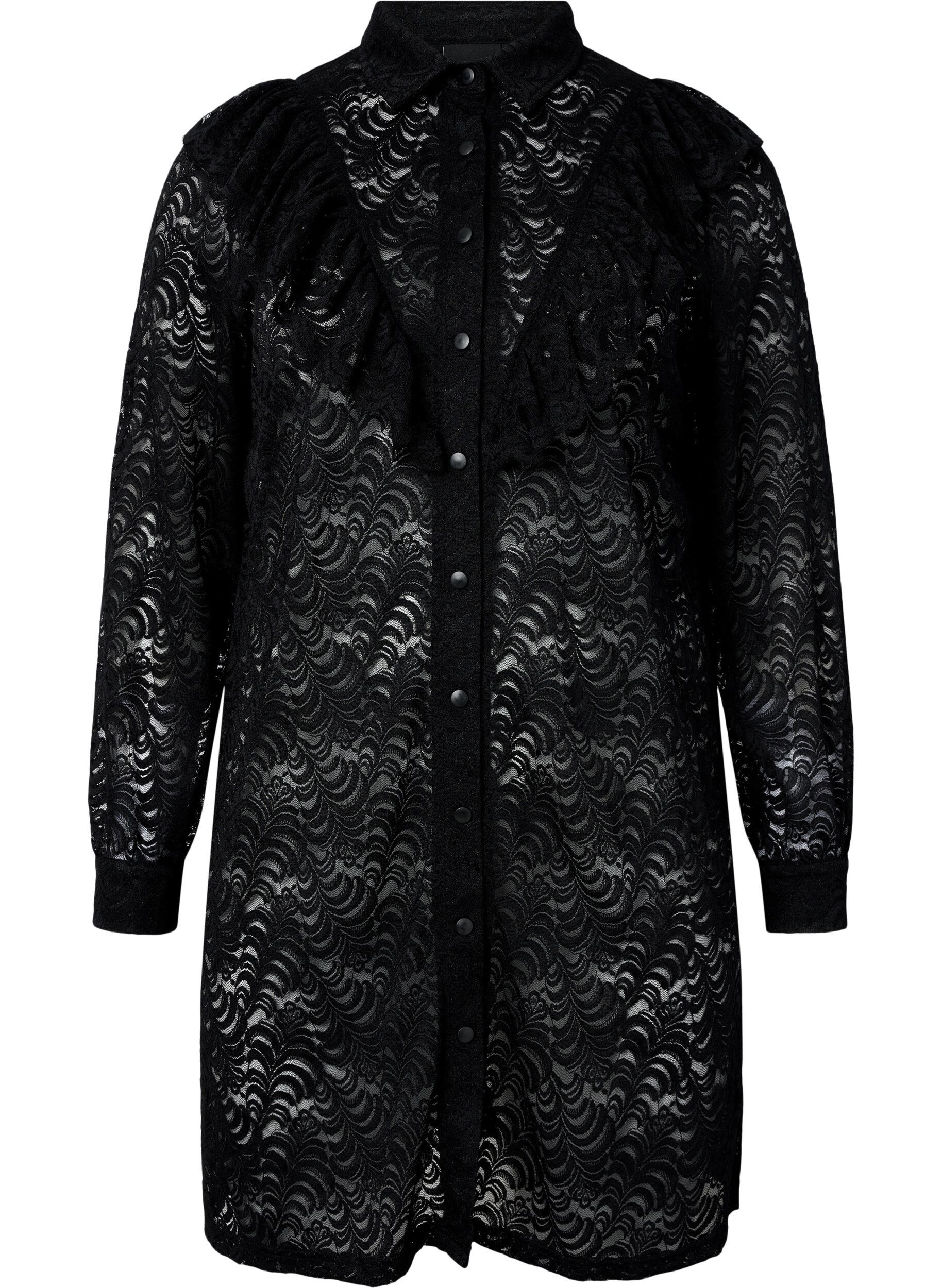 Zizzi Hemdblusenkleid aus Spitze mit R&uuml;schen, Black, Packshot image number 0