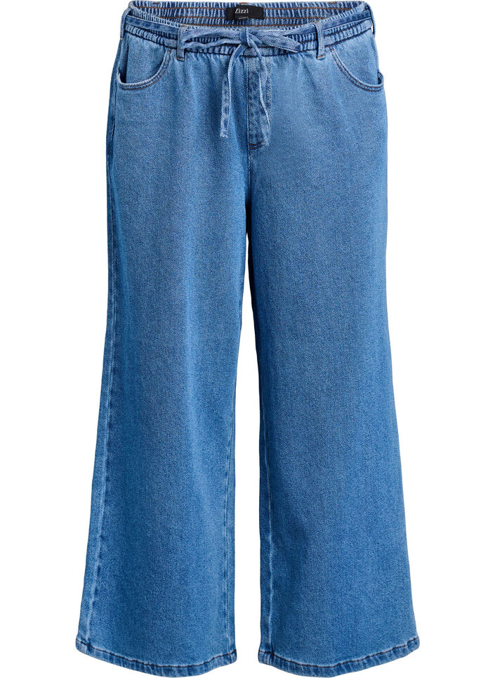 Jeans mit lockerer Passform, elastischem Bund und Tunnelzug, Blau, Packshot