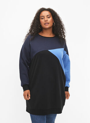 Langer Pullover mit Farbblock-Muster, Night S. Color Block, Model image number 0