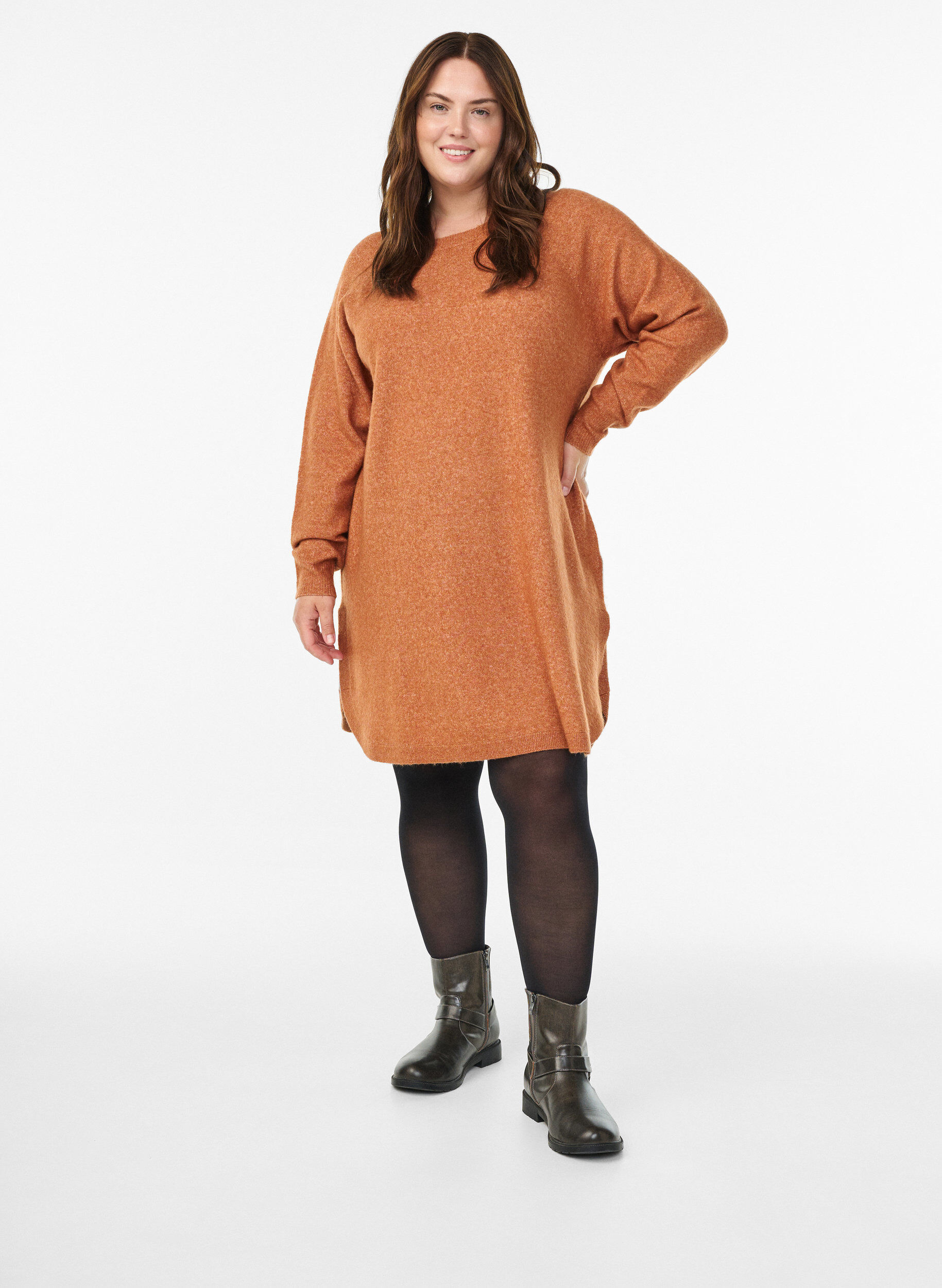 Zizzi Strickkleid mit Rundhalsausschnitt, Orange, Model image number 1