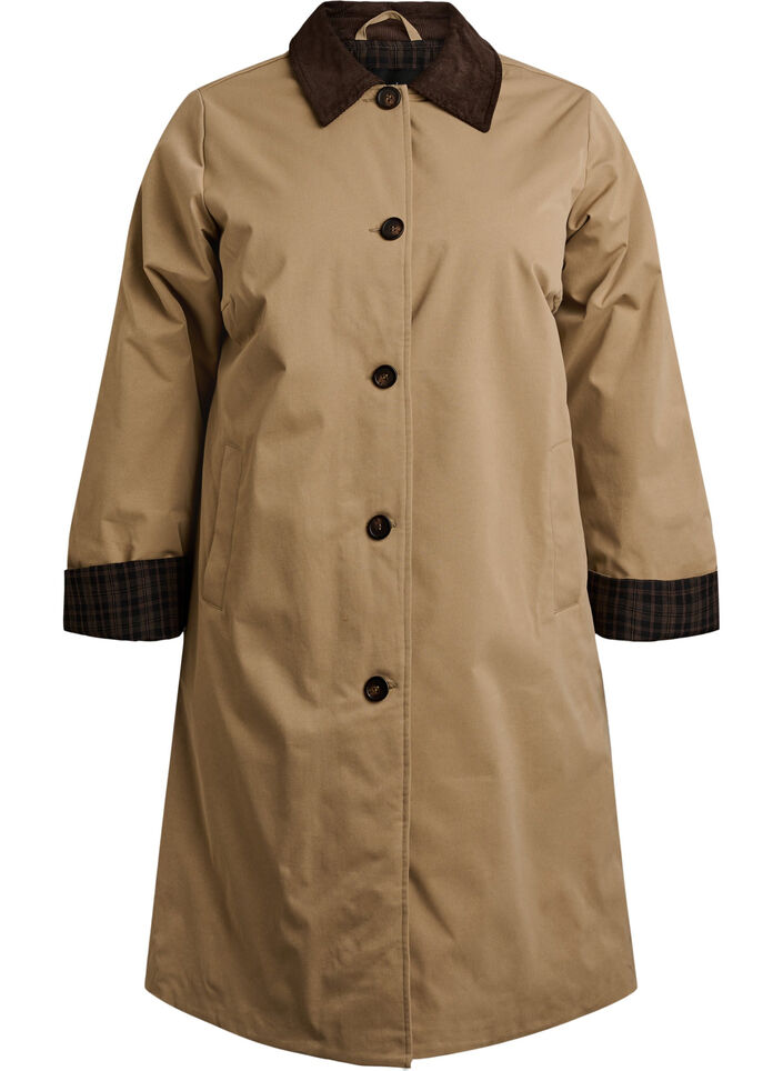 Mittellange Jacke mit Cordkragen, Beige, Packshot image number 0