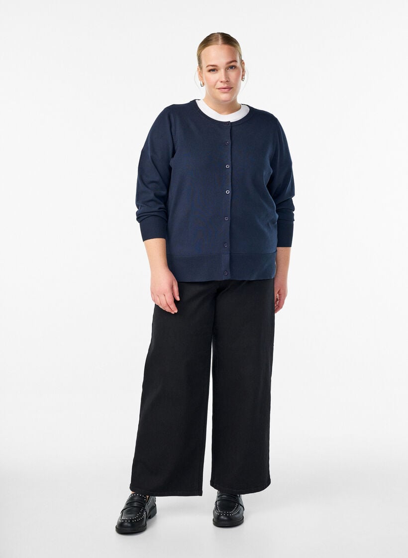 Feinstrick-Strickjacke mit Rundhalsausschnitt, Blau, Model image number 1