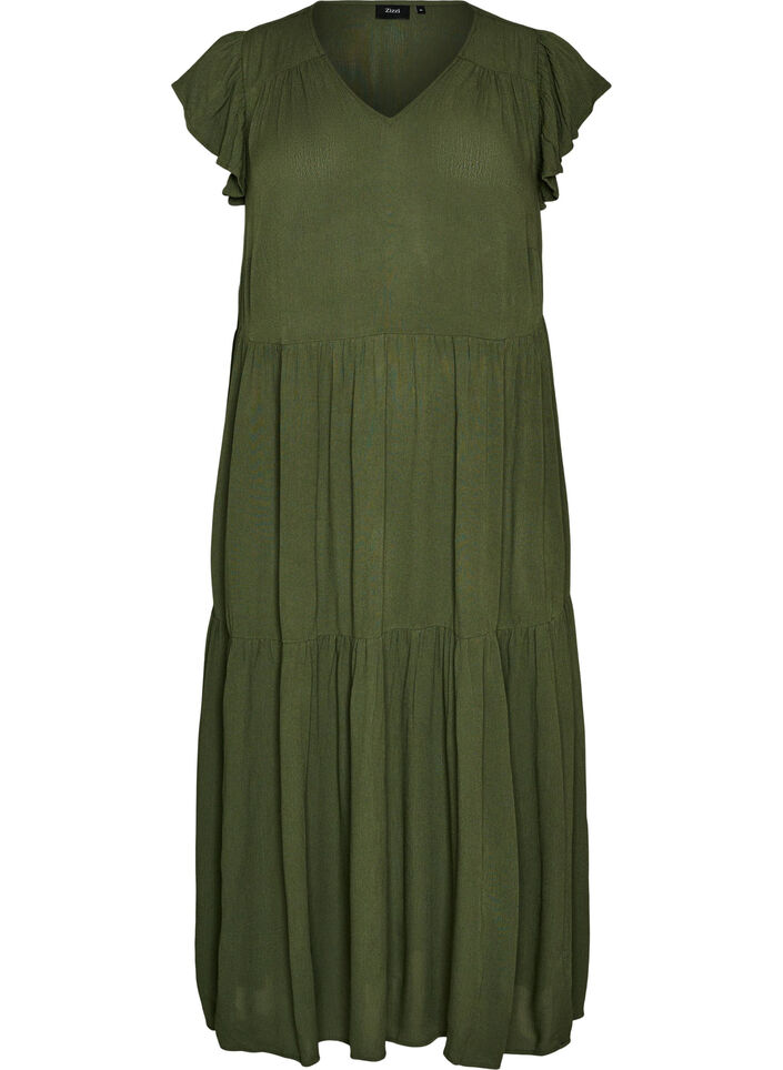 Midikleid aus Viskose mit R&uuml;schen&auml;rmeln, Gr&uuml;n, Packshot image number 0
