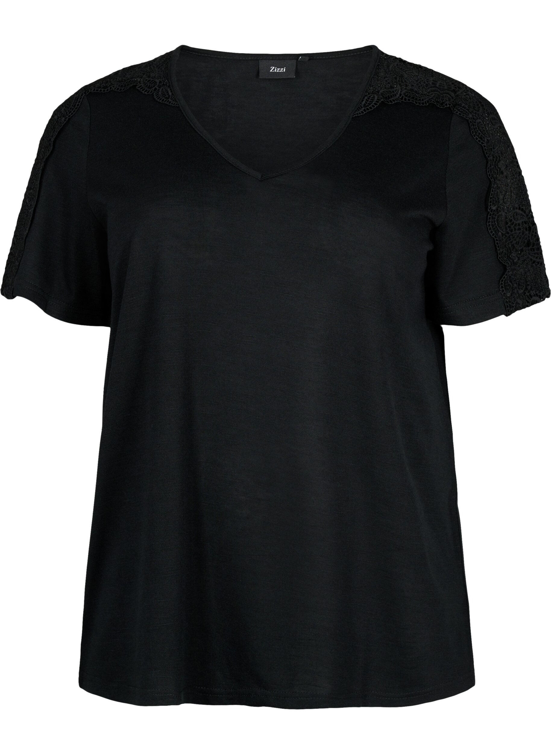 Zizzi Kurz&auml;rmelige Bluse mit Spitze und V-Ausschnitt, Black, Packshot image number 0