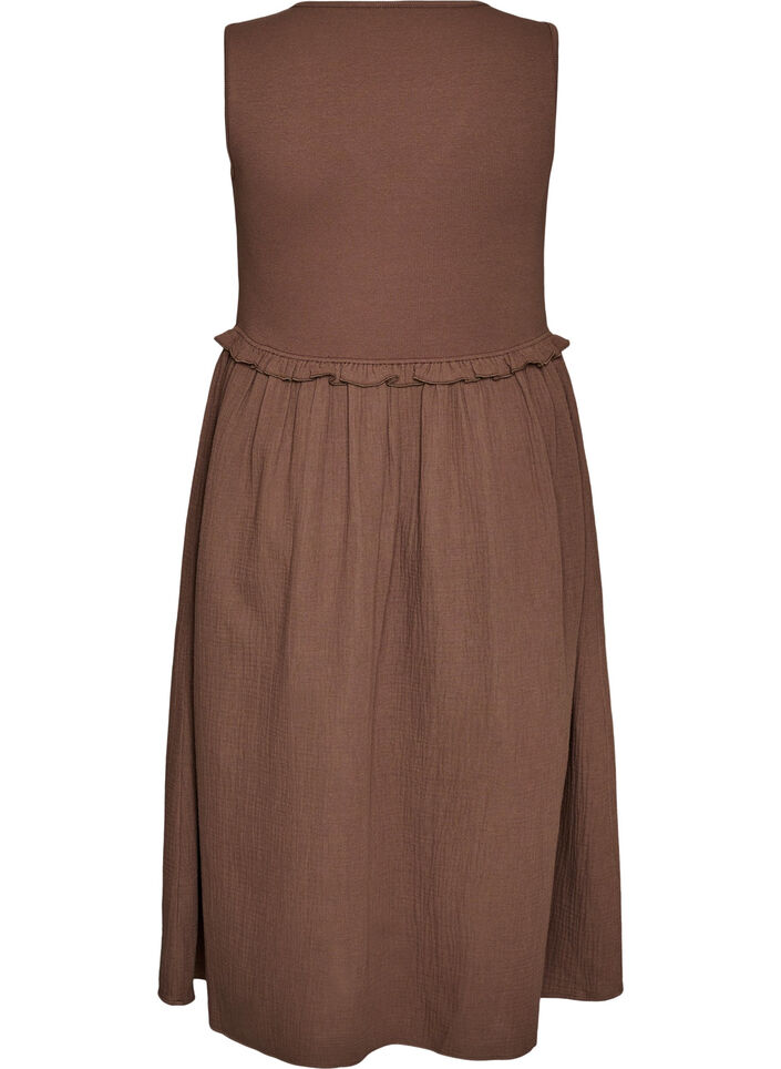 &Auml;rmelloses Midikleid aus Baumwolle mit Ripp und Musselin, Braun, Packshot image number 1