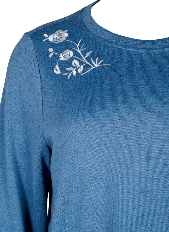 Bluse mit floralen Stickereien und 3/4-Ärmeln, Copen Blue Melange, Packshot image number 2