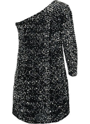 Kurzes One-Shoulder-Kleid mit Pailletten, Black/Silver Sequins, Packshot image number 1