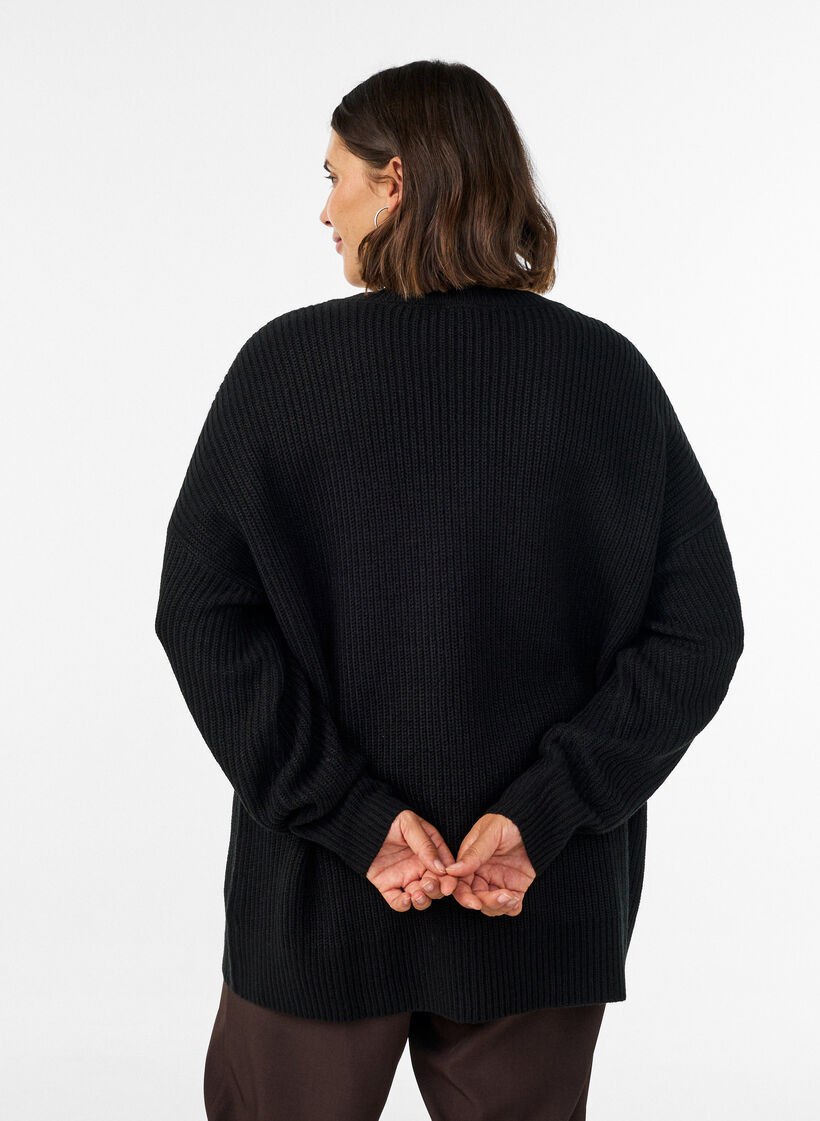 Lange Rippstrickbluse mit V-Ausschnitt, Schwarz, Model image number 2