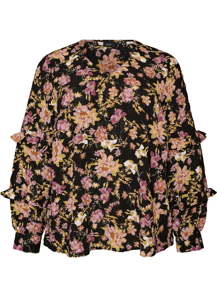 Bluse mit Blumenprint und R&uuml;schendetails, Schwarz, Packshot image number 0