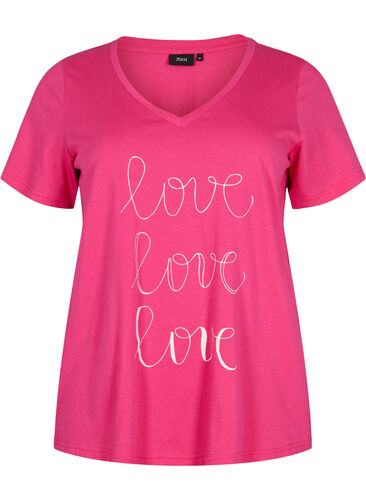 T-Shirt aus Baumwolle mit V-Ausschnitt und Druck, Fuchsia Purple Love, Packshot image number 0