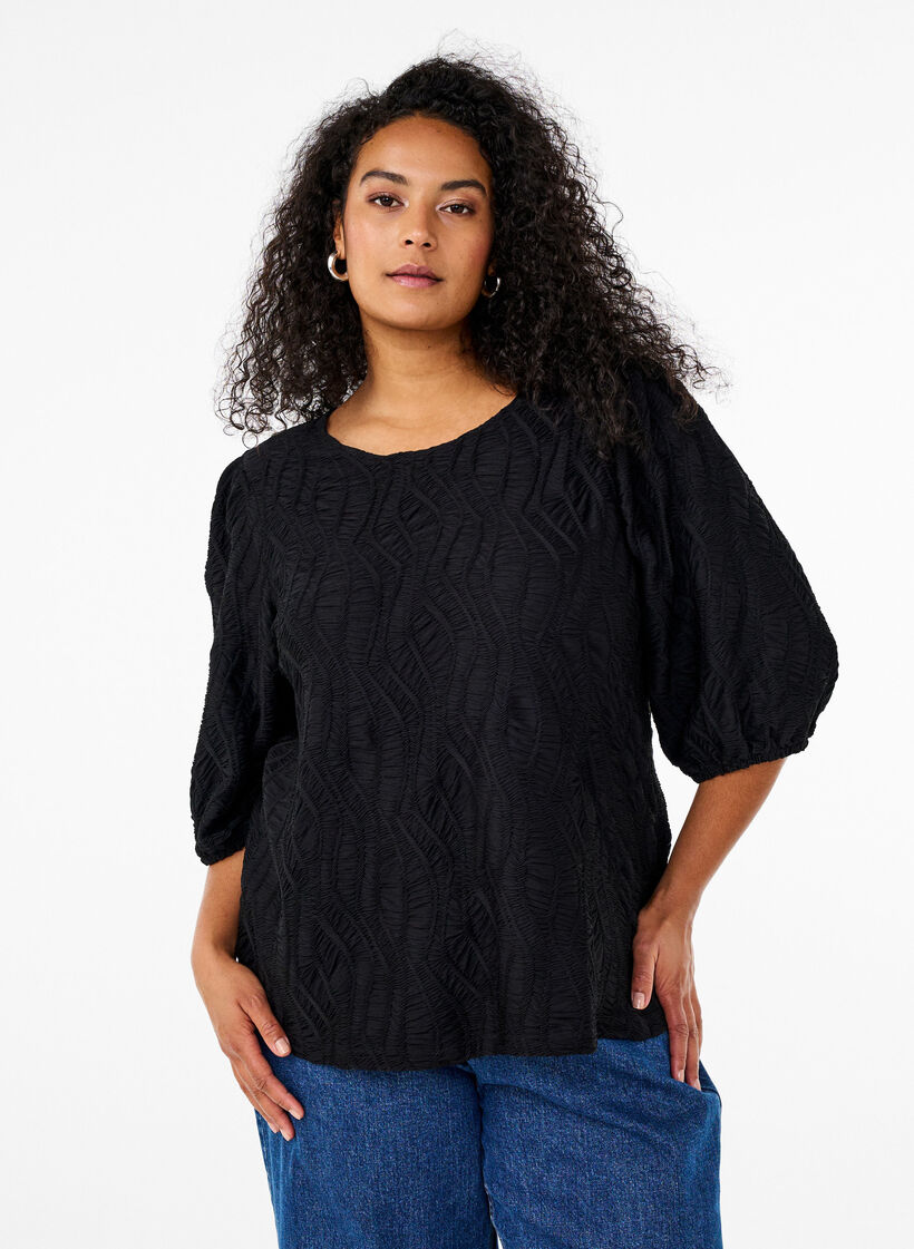 Bluse mit Struktur und 3/4-Ärmeln, Schwarz, Model image number 0