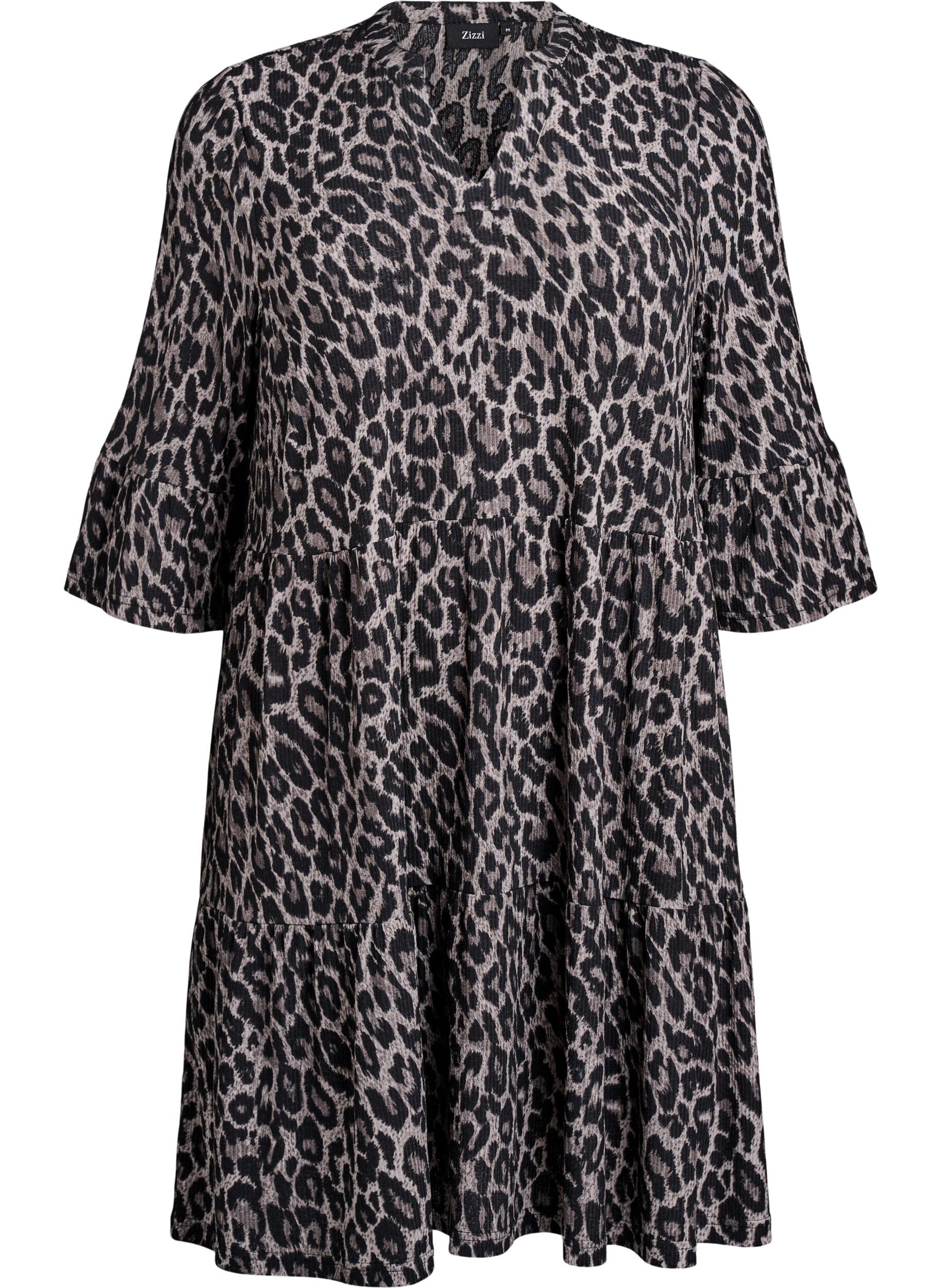 Zizzi Kurzes A-Linien-Kleid mit Leopardenmuster, Grau, Packshot image number 0
