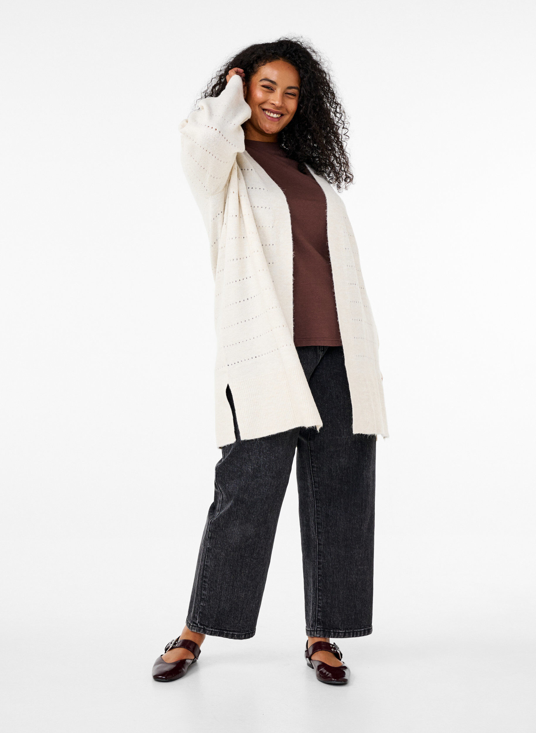 Zizzi Lange Strickjacke aus Strick mit Lochmuster, Birch Mel., Model image number 2