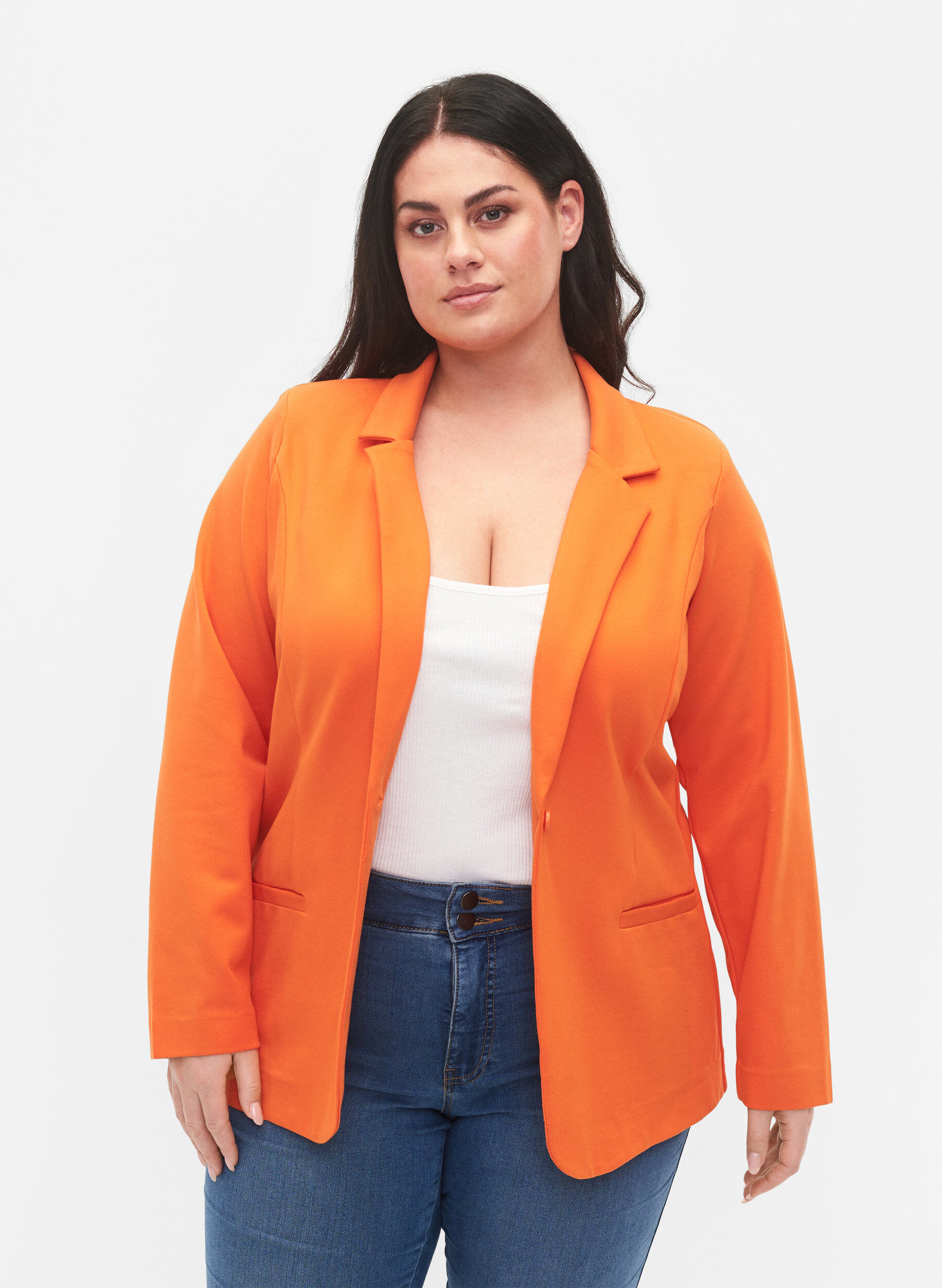 Zizzi Schlichter Blazer mit Knopf und Dekorationstaschen, Mandarin Orange, Model image number 0