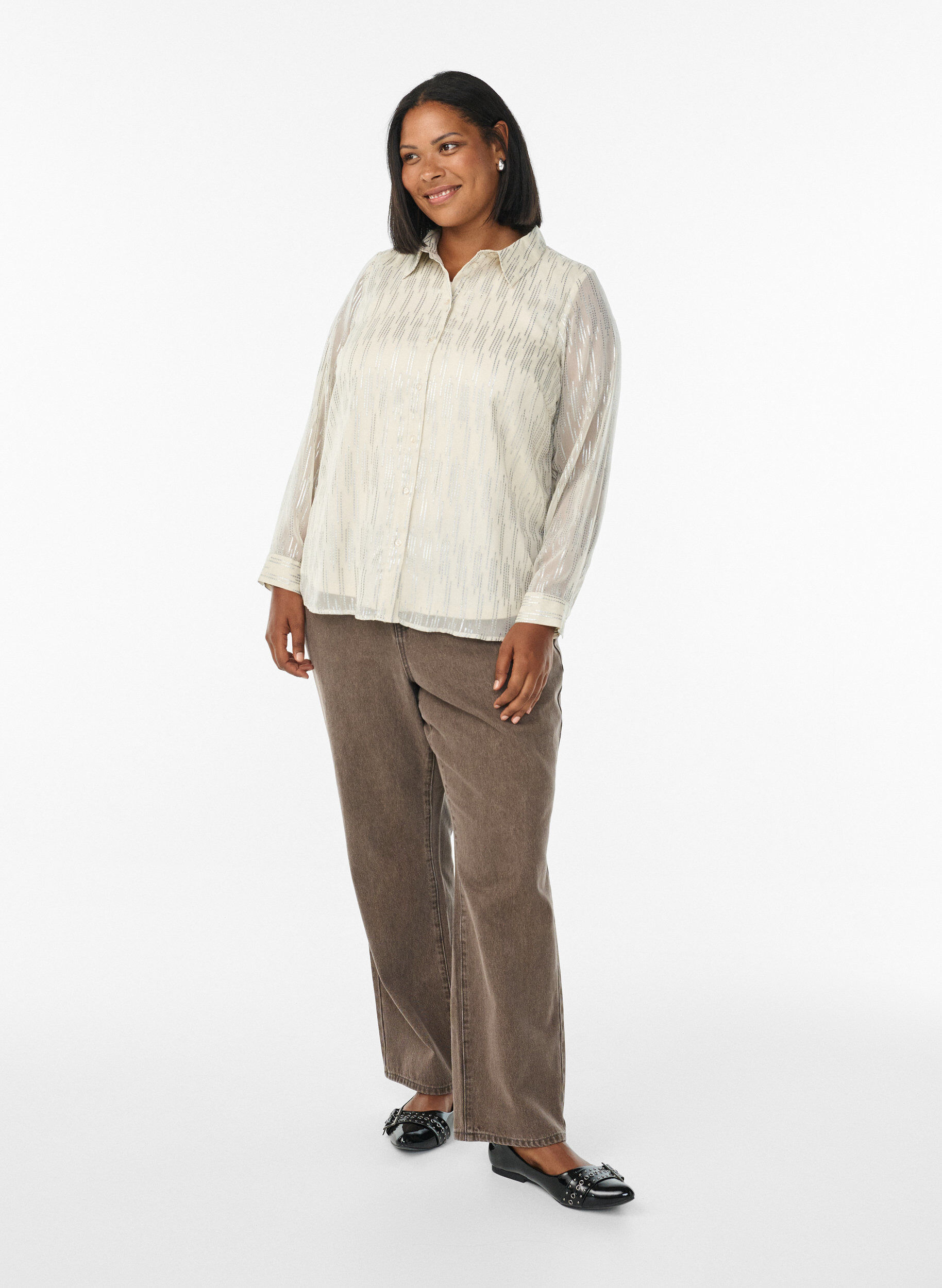 Zizzi Bluse mit glitzerndem Muster, Vanille, Model image number 1