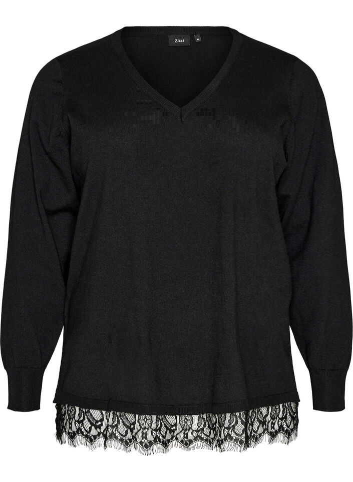 Bluse aus Strick mit V-Ausschnitt und Spitzen, Schwarz, Packshot image number 0