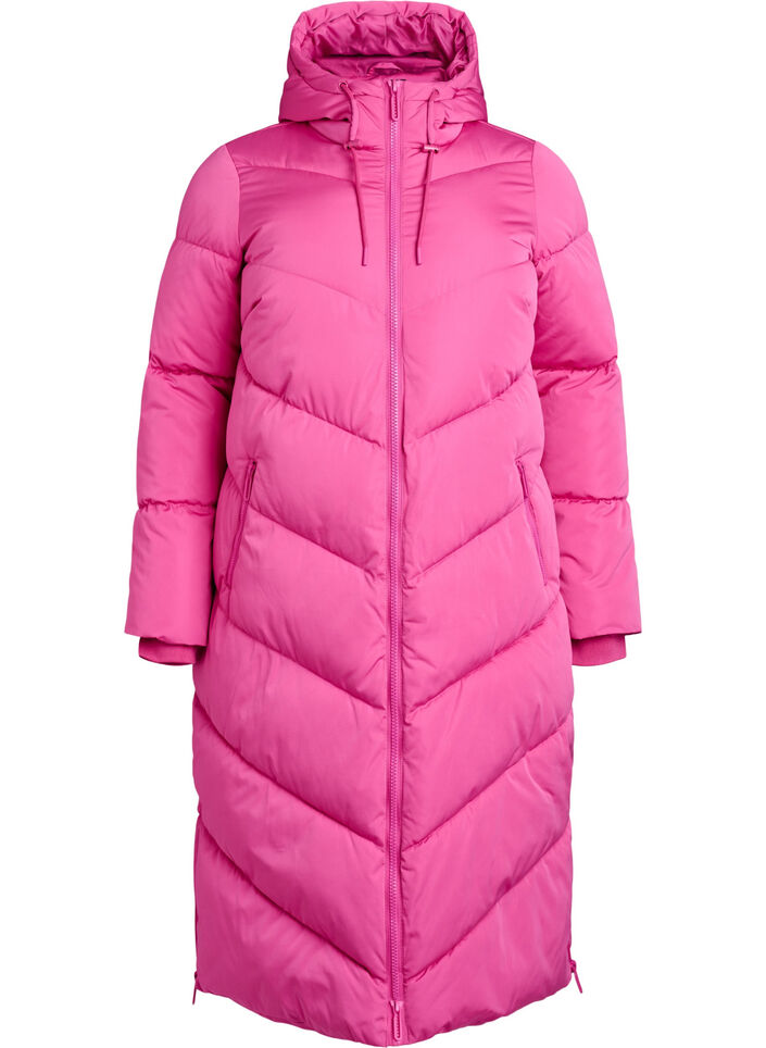 Langer Puffermantel mit Kapuze und Taschen, Rot, Packshot image number 0
