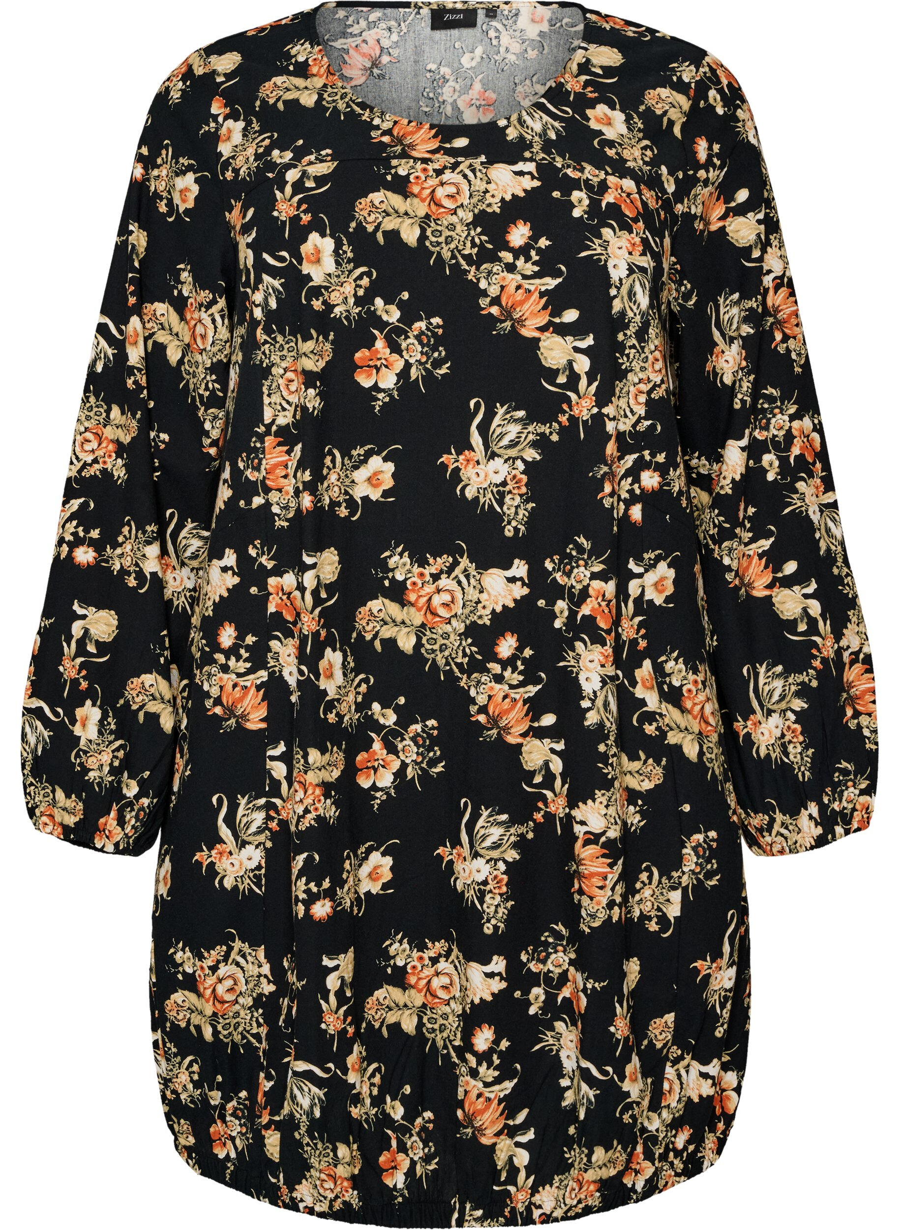 ZizziKurzes Baumwollkleid mit Gummisaum und langen &Auml;rmeln, Schwarz, Packshot image number 0