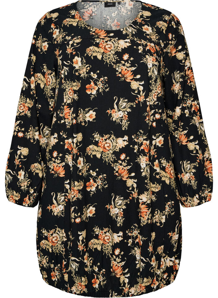 Kurzes Baumwollkleid mit Gummisaum und langen &Auml;rmeln, Schwarz, Packshot image number 0