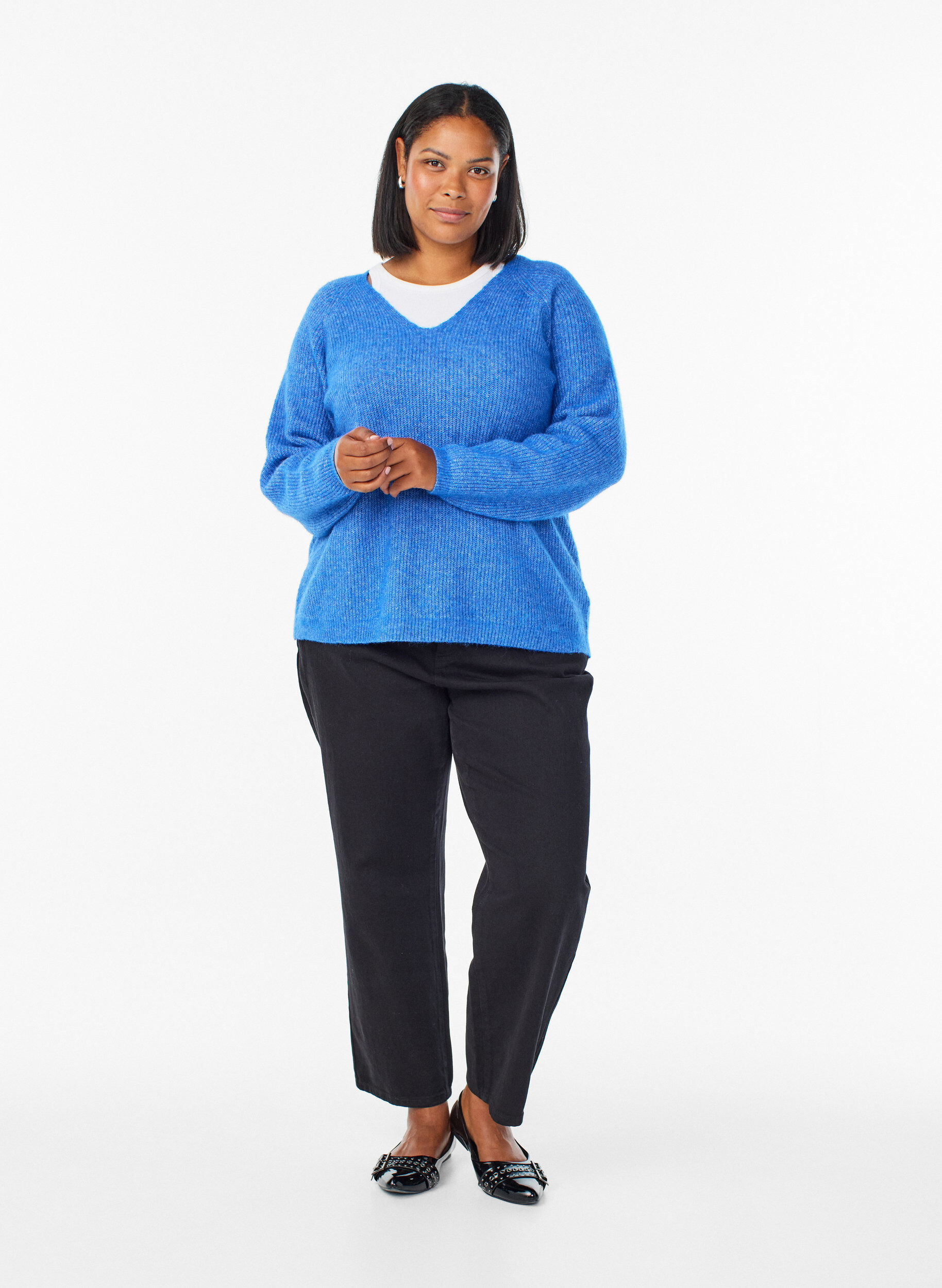 ZizziStrickbluse mit V-Ausschnitt und Raglan&auml;rmeln, Blau, Model image number 1